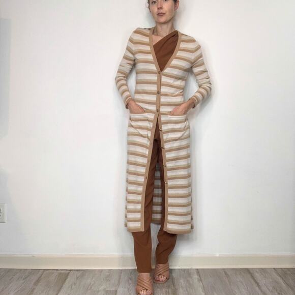 NWOT L'AGENCE Marija metallic striped long cardigan duster tan button front 3045 - Picture 10 of 11